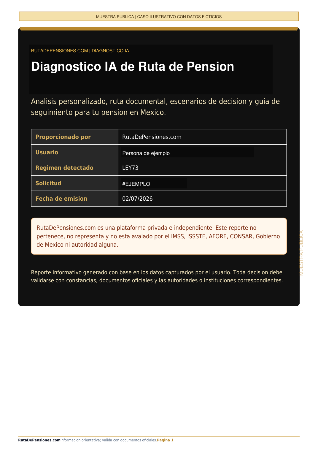 Primera página del ejemplo de diagnóstico personalizado de pensión IMSS